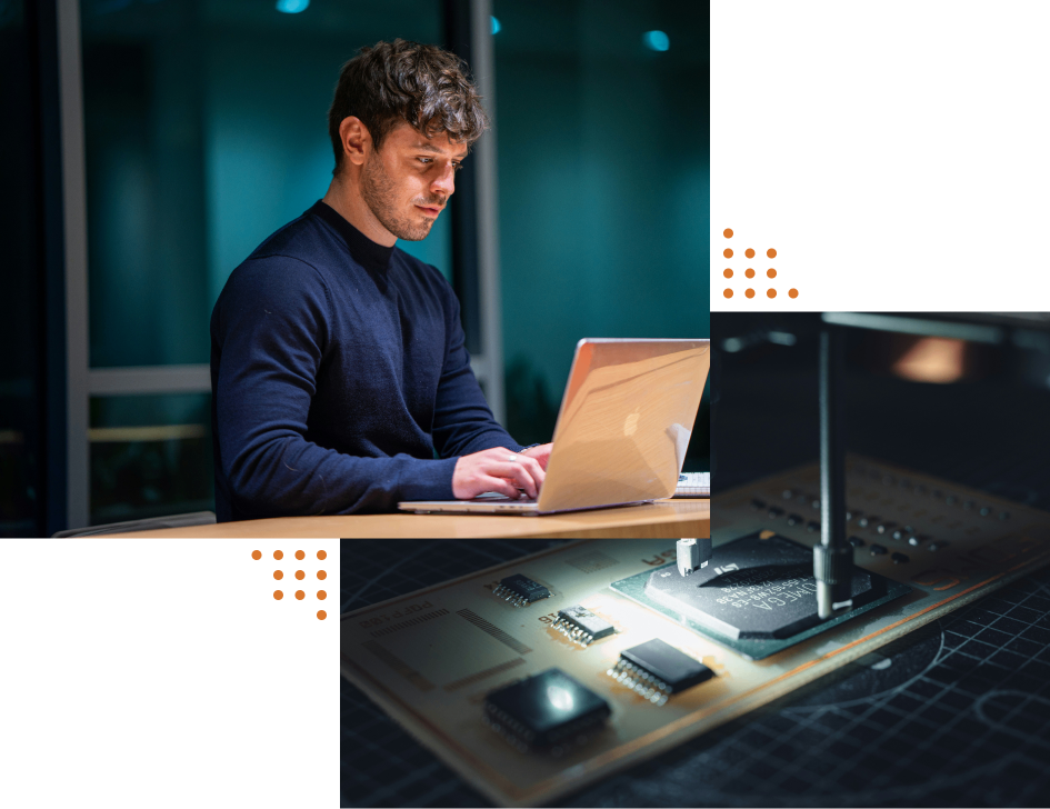 image of a man working on a laptop overlaying an image of a screwdriver working on tech